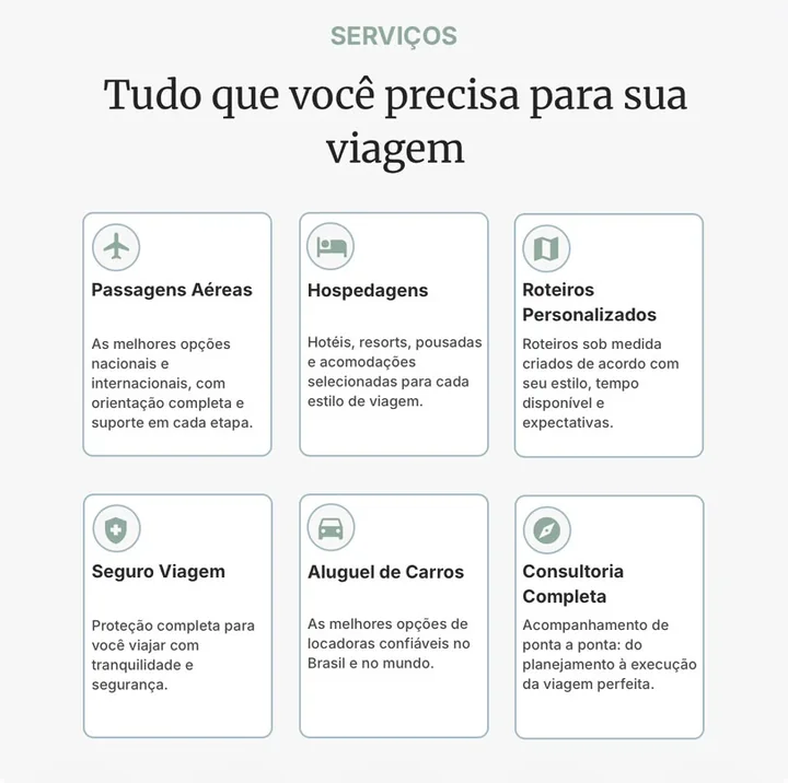 Seção de serviços da landing page da Vai Comigo Viagens